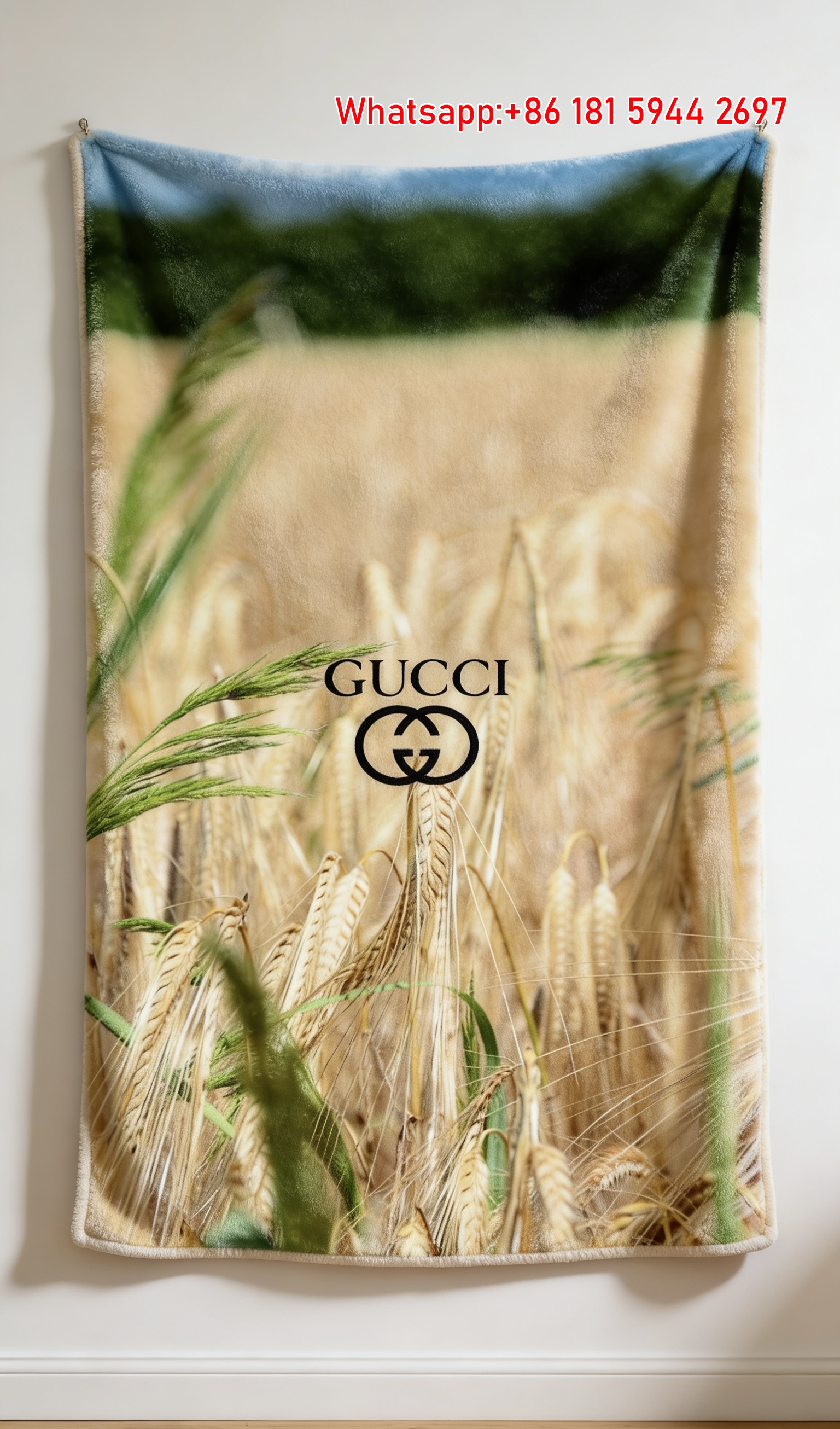 Gucci Golden Wheat Field Print Flannel Sofa Throw Blanket IMG_4749